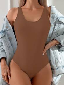 SHEIN Swim 女士實色單件泳衣,搭配大開背設計 - 棕色 - 查看 2