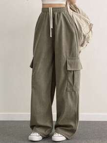 DAZY 女式抽绳腰斜口袋裤子 - 軍綠色 - 查看 2