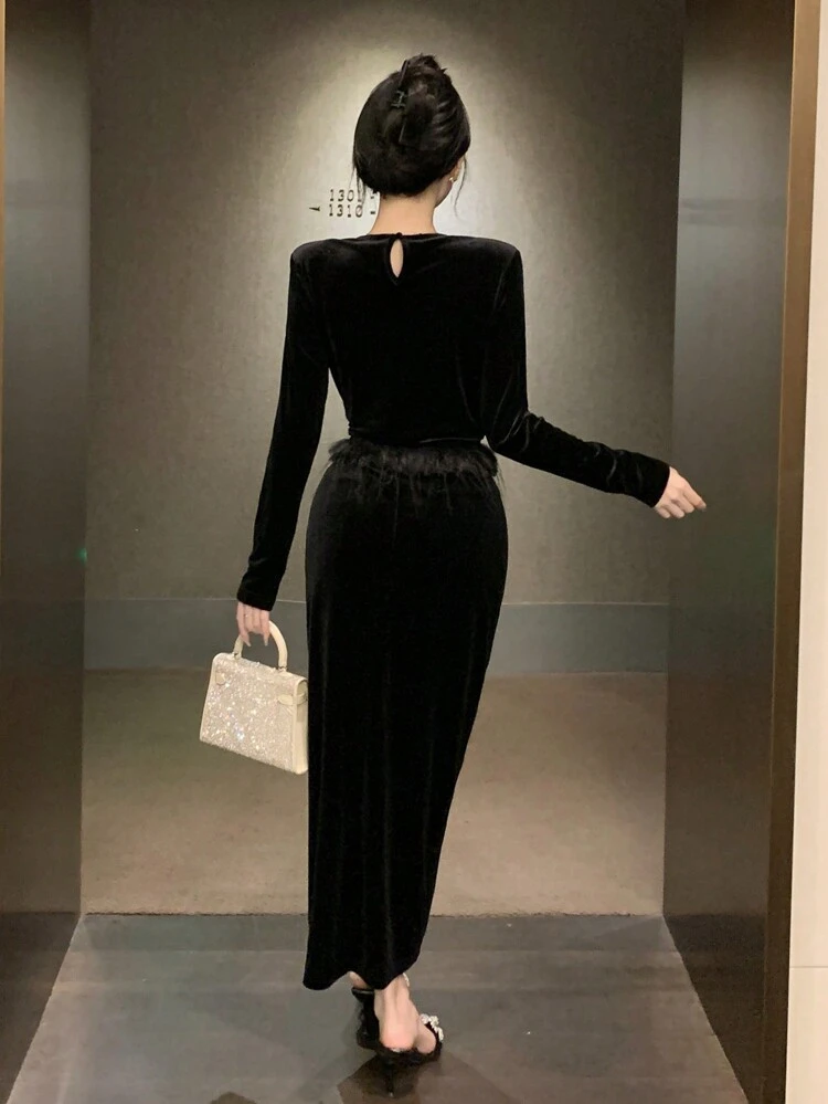 Women'S Plain Fuzzy Hem Trimmed Top And High Split Skirt Two Pieces Set,Fall Clothes