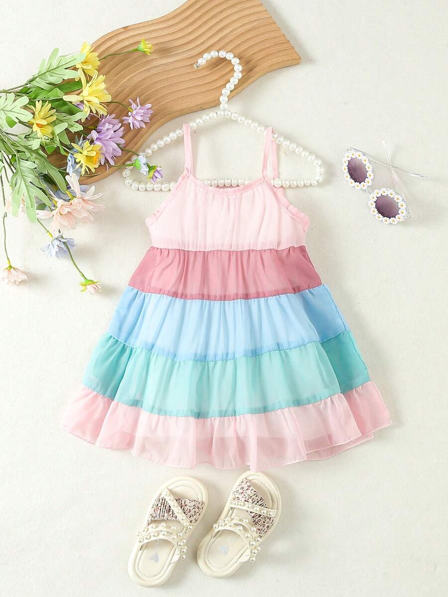 Baby Girls' Casual Ladylike Multi-Color Patchwork Cami Dress - Multicolor - View 1
