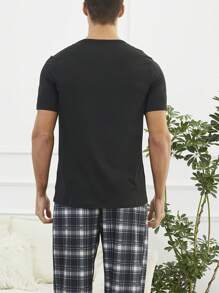 男士短袖家居穿著上衣,印有微笑臉表情圖案 - 黑色 - 查看 2