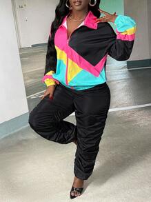 Slaydiva 女士色塊拉鍊前套裝,包括夾克和褲子兩件 - 彩色 - 查看 1