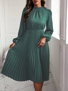 SHEIN Clasi Vestido De Manga De Linterna De Color Sólido Con Dobladillo Plisado - Azul Cadete - Ver 6
