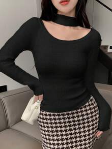 DAZY Của phụ nữ Màu thuần Off Shoulder Thon gọn Áo len - màu đen - Xem 3