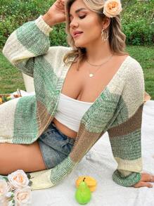 Sunnyshic Women'S Plus Size Color Block Drop Shoulder Cardigan - Green - View 1