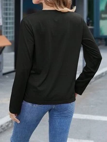 SHEIN LUNE Women's Slogan Print Round Neck Long Sleeve T-Shirt - Black - View 2