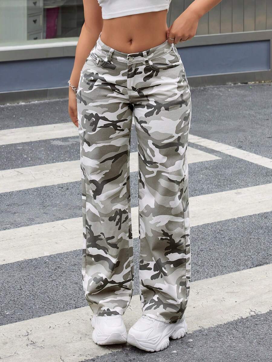 SHEIN ICON Low Waist Camouflage Water Washed Straight Leg Jeans - Multicolor - View 1