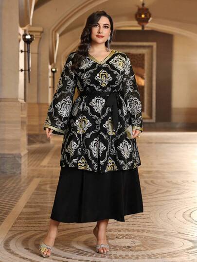 Al Najma 大码刺绣拼布编织带卡夫坦贾拉比亚连衣裙，优雅奢华晚会风格