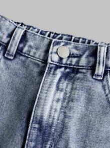 SHEIN Girlism Jeans Rasgados Con Estampado De Letras De Dibujos Animados Para Adolescente - Azul lavado medio - Ver 3