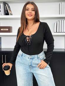 SHEIN Essnce 女款大尺碼純色十字繫帶緊身長袖連身衣 - 黑色 - 查看 4