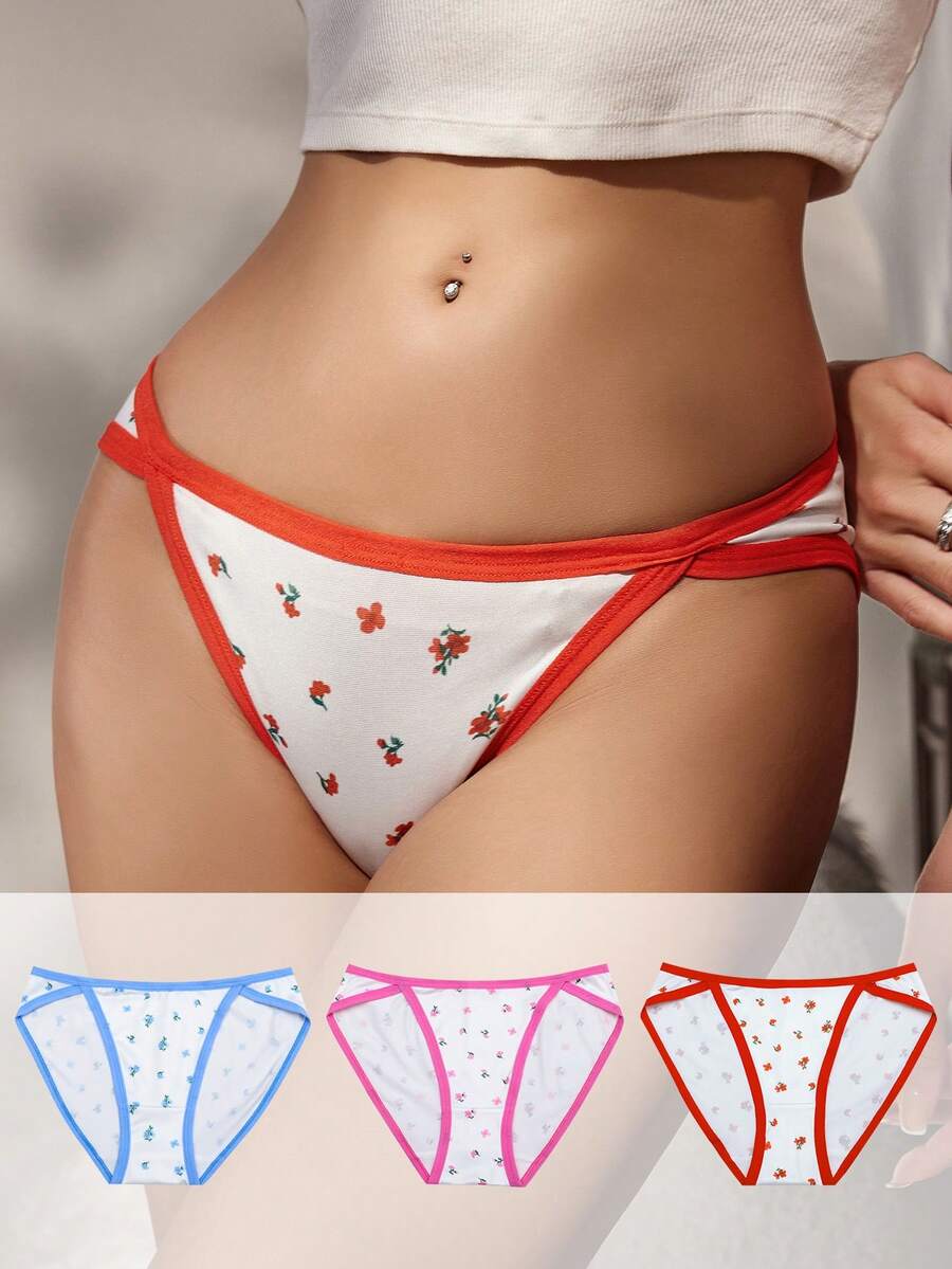 SHEIN 女童花卉印花拼色边饰三角裤 - 彩色 - 查看 1