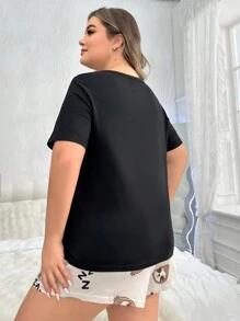 SHEIN 大码女式卡通动物印花短袖睡衣套装 - 彩色 - 查看 2