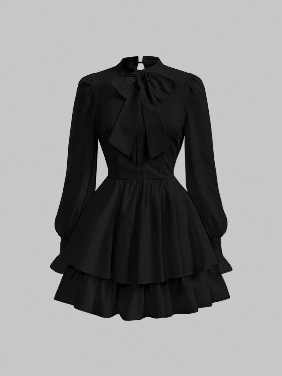 SHEIN MOD 女款蝴蝶結裝飾荷葉邊洋裝 - 黑色 - 查看 1