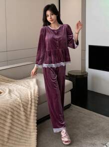 DAZY Velvet Splicing Lace Pajamas Set - Purple - View 4