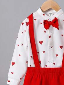 Young Boy 3pcs/Set Casual Heart Print Shirt, Solid Color Overalls And Shorts Set - Red - View 5