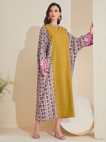 Al Najma Contrast Print Batwing Sleeve Notched Neck Kaftan Dress - Yellow - View 1