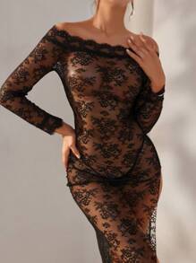 露肩蕾丝性感内衣连衣裙 - 黑色 - 查看 3