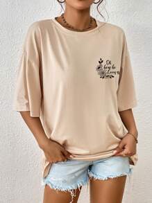 SHEIN Essnce Floral Letter Print Drop Shoulder T-Shirt Graphic Tees Women Tops - Apricot - View 6