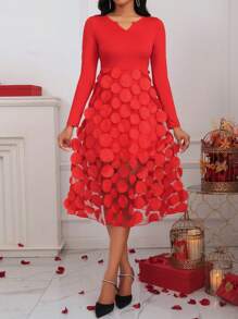 SHEIN Clasi 刺绣网眼撞色缺口领口连衣裙 - 紅色 - 查看 4