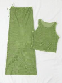 SHEIN Swim 女性空心上衣和覆蓋裙,嘉年華活動服飾 - 橄欖綠 - 查看 7