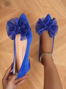 女性低跟拖鞋式尖頭平底鞋,帶蝴蝶結裝飾 - 藍色 - 查看 1