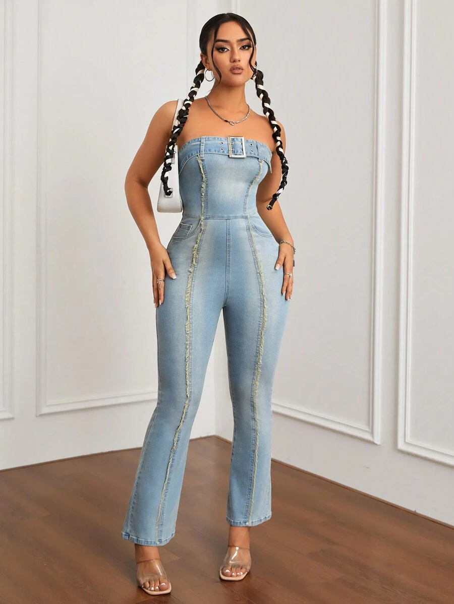 SHEIN ICON Off-shoulder Denim Áo liền quần Với Pháo sáng Chân , Phong cách Vintage Và Denim mùa giặt - Rửa trung bình - Xem 1