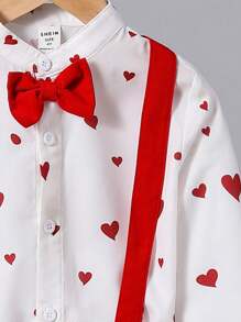 Young Boy 3pcs/Set Casual Heart Print Shirt, Solid Color Overalls And Shorts Set - Red - View 7