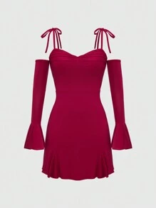 SHEIN Unity Của phụ nữ Màu thuần Off Shoulder Tay áo chuông Váy Dây - Màu Đỏ Sâu - Xem 1