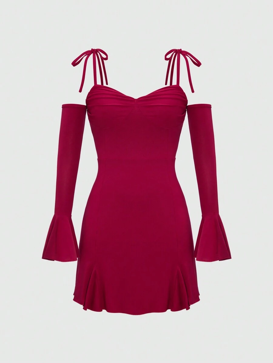 SHEIN Unity Của phụ nữ Màu thuần Off Shoulder Tay áo chuông Váy Dây - Màu Đỏ Sâu - Xem 1