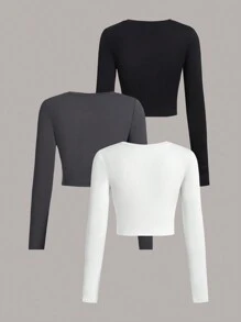 SHEIN EZwear 3入組愛心印花修身彈性長袖女款休閒T恤 - 彩色 - 查看 2