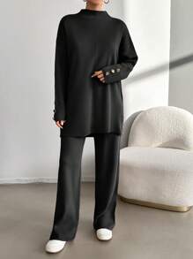 EURMUSE Women's Stand Collar Sweater And Sweater Pants Two-Piece Set - Black - View 3