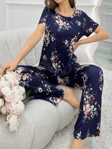 女款時尚短袖睡衣搭配花卉印花長褲 - 藏蓝色 - 查看 6