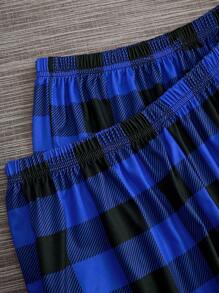 SHEIN Women's Round Neck Short Sleeve T-Shirt And Gingham Shorts & Pants Pajama Set - Blue - View 4