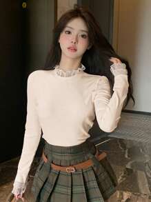 DAZY Áo thun lưới dài tay tương phản cho nữ khi đi chơi - Màu be - Xem 2