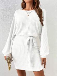 SHEIN Frenchy 純色綁紮針織蝙蝠袖連衣裙 - 白色 - 查看 4