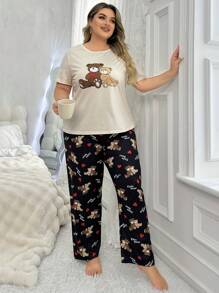 Ensemble de pyjama casual à manches courtes et pantalon imprimé ours pour femmes grande taille - Multicolore - Voir 6