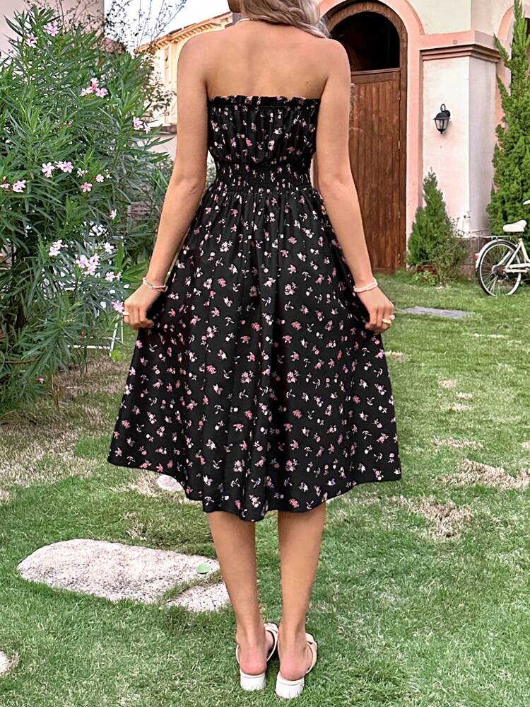 Women'S Floral Print Strapless Tie Front Dress