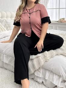 Frauen Übergröße Kontrastfarbe Knopf Detail Top Und Solide, Breitbeinige Hose Pyjama-set - Pink - Übersicht 5