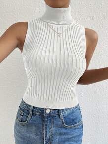 Chiquease 女士高領無袖針織上衣 - 米色 - 查看 5