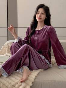 DAZY Velvet Splicing Lace Pajamas Set - Purple - View 3