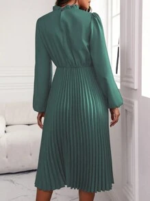SHEIN Clasi Vestido De Manga De Linterna De Color Sólido Con Dobladillo Plisado - Azul Cadete - Ver 2
