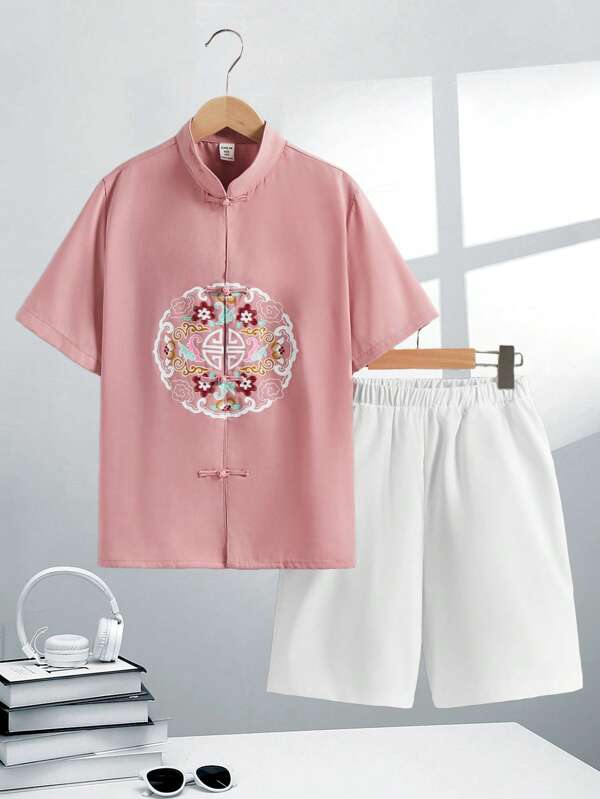 SHEIN Atuendo De Estilo Chino De Verano Para Chicas Jóvenes Con Camisa Y Pantalón Corto De Cuello Alto Y Flores, De Ajuste Holgado