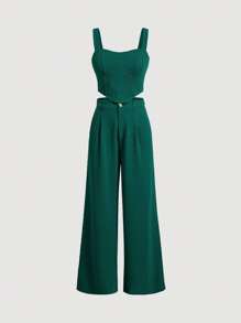 SHEIN MOD Women's Plain Casual Two Pieces Set - Dark Green - View 1