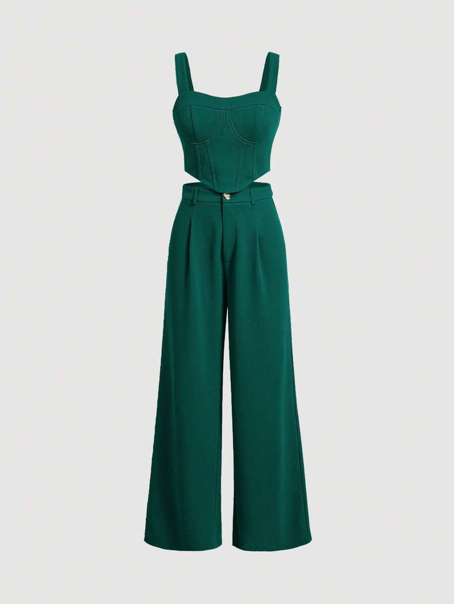 SHEIN MOD Women's Plain Casual Two Pieces Set - Dark Green - View 1