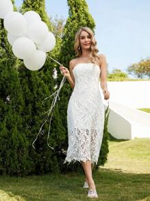 GENKIRA 女式無肩帶連衣裙,水溶性刺繡設計 - 白色 - 查看 1