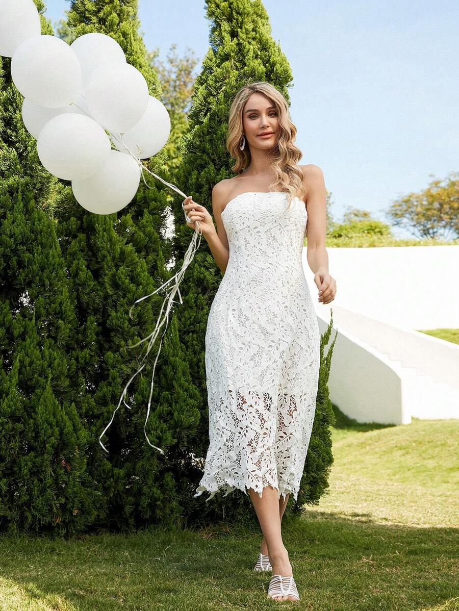 GENKIRA 女式無肩帶連衣裙,水溶性刺繡設計 - 白色 - 查看 1