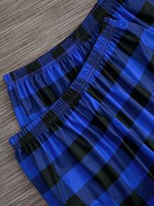 SHEIN Women's Round Neck Short Sleeve T-Shirt And Gingham Shorts & Pants Pajama Set - Blue - View 5