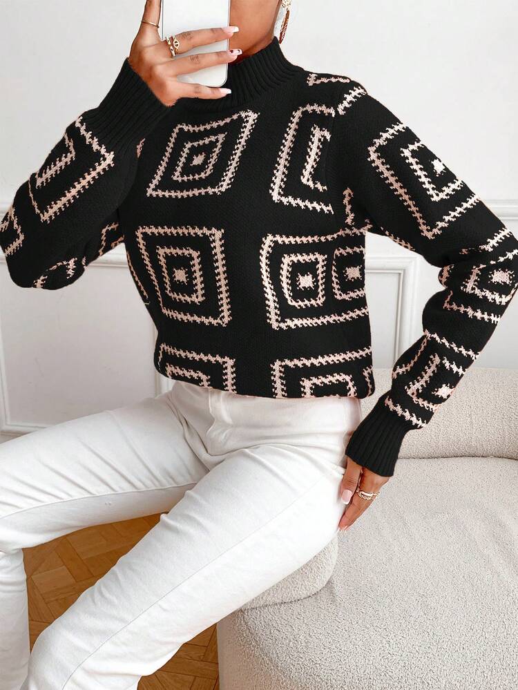 Women's Geometric Patterned Half Turtleneck Knit Pullover Fall Winter Sweater