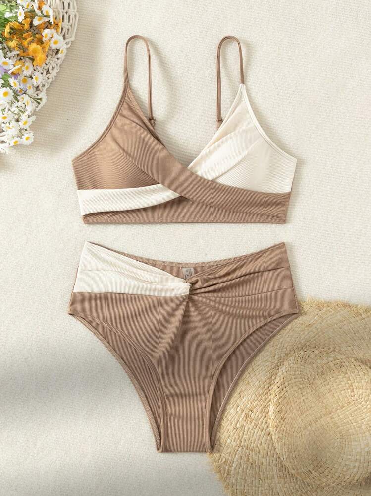 SHEIN Swim Summer Beach Color Block Twisted Knot Bikini Set For Vacation Wedding - Multicolor - View 3