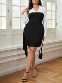 SHEIN Privé Plus Size Women's Black & White Color Block Spliced 2 In 1 Waist Side Decoration Sash Lapel Dress - Black and White - View 4